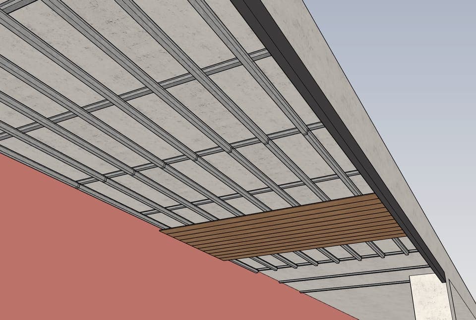 Suspended Wood Soffit — Soffit framing design rendering
