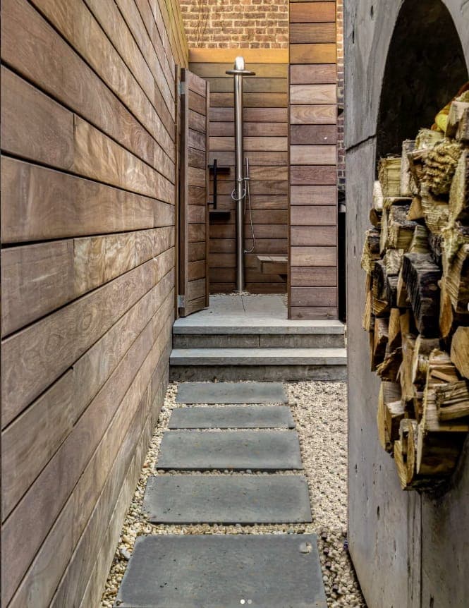 Williamsburg Outdoor Shower — Finished IPE shower and stone path