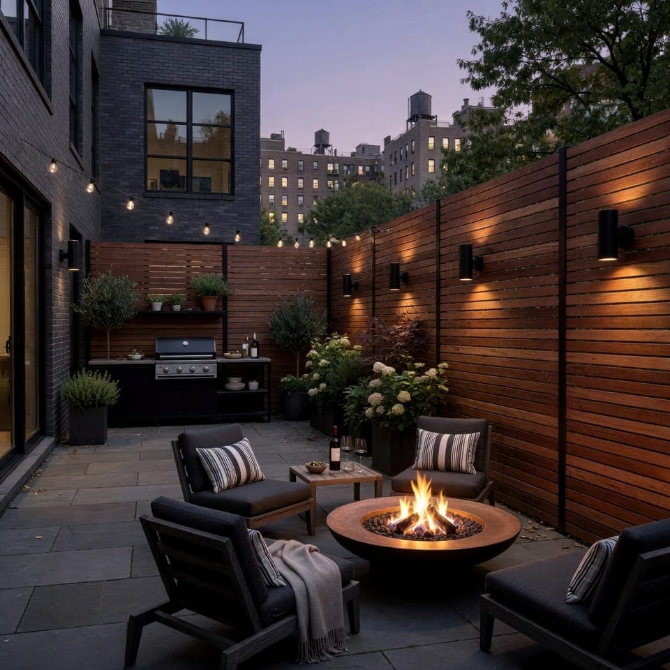 Brownstone backyard at twilight with stone pavers, fire pit, and string lights